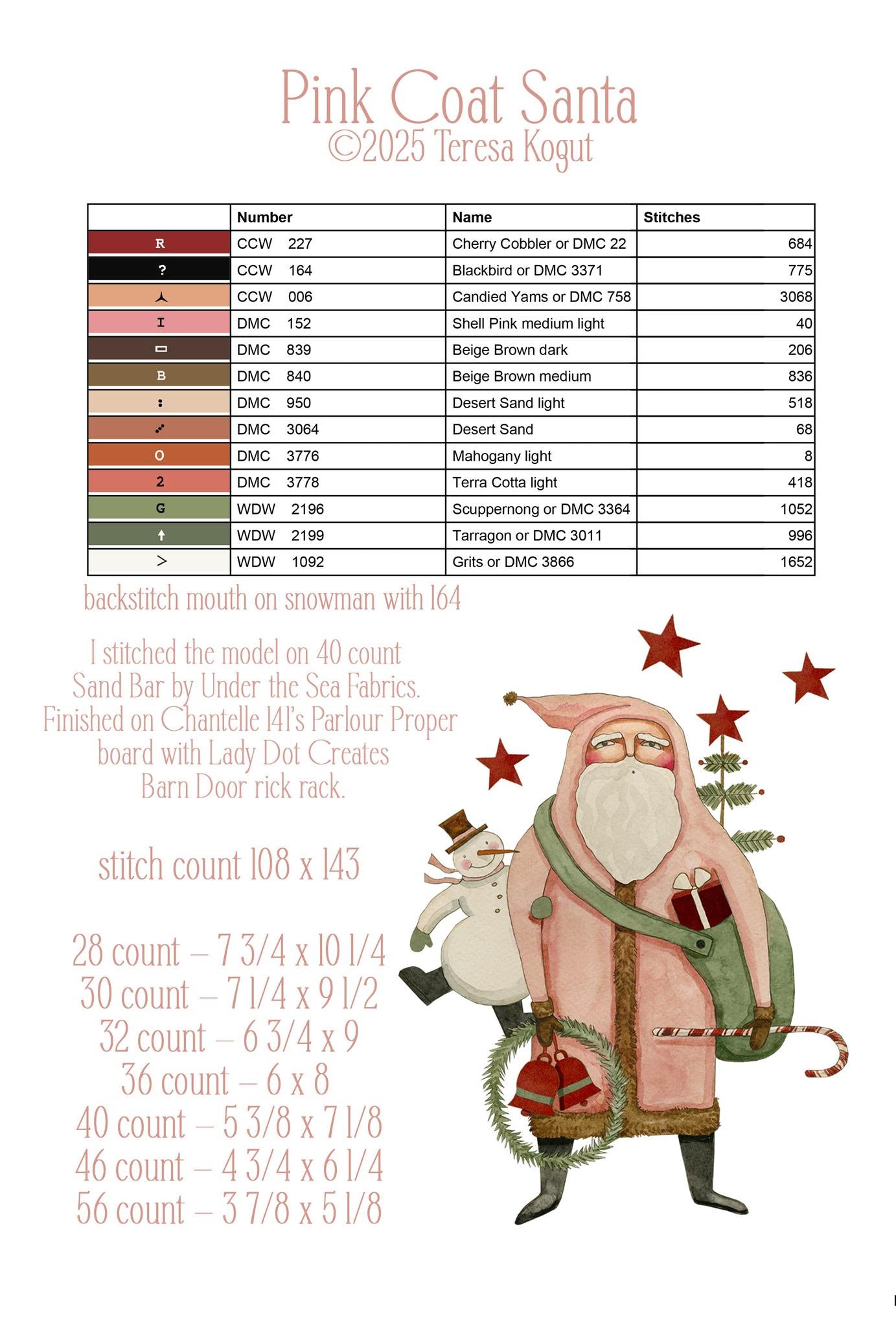 Pink Coat Santa - Teresa Kogut - Cross Stitch Pattern