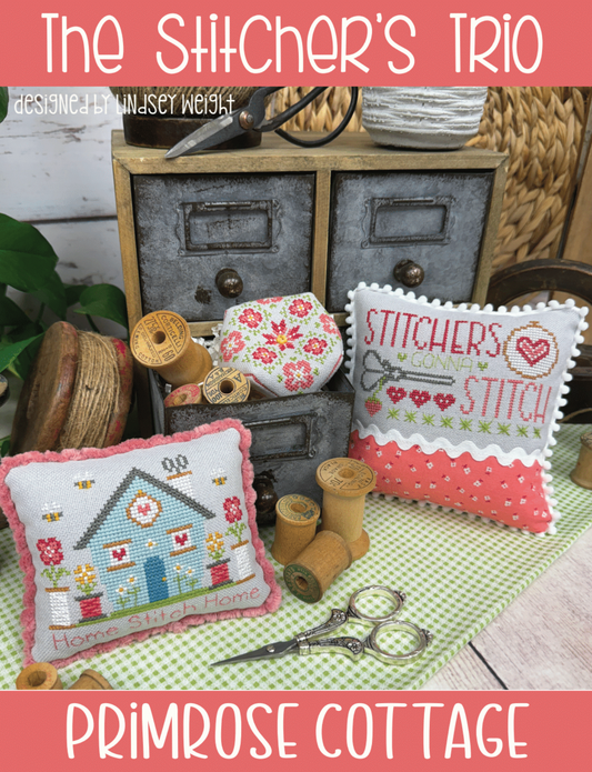 The Stitcher's Trio - Primrose Cottage - Cross Stitch Pattern, Needlecraft Patterns, The Crafty Grimalkin - A Cross Stitch Store