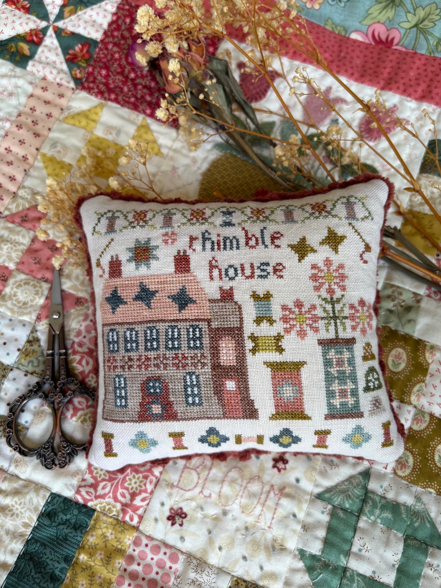 Thimble House #6, Stitchery Lane Series - Pansy Patch - Cross Stitch Pattern