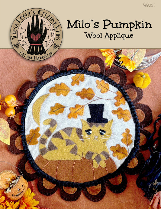 PREORDER Milo's Pumpkin - Teresa Kogut - Wool Applique Pattern, Needlecraft Patterns, Cross Stitch Patterns, The Crafty Grimalkin - A Cross Stitch Store
