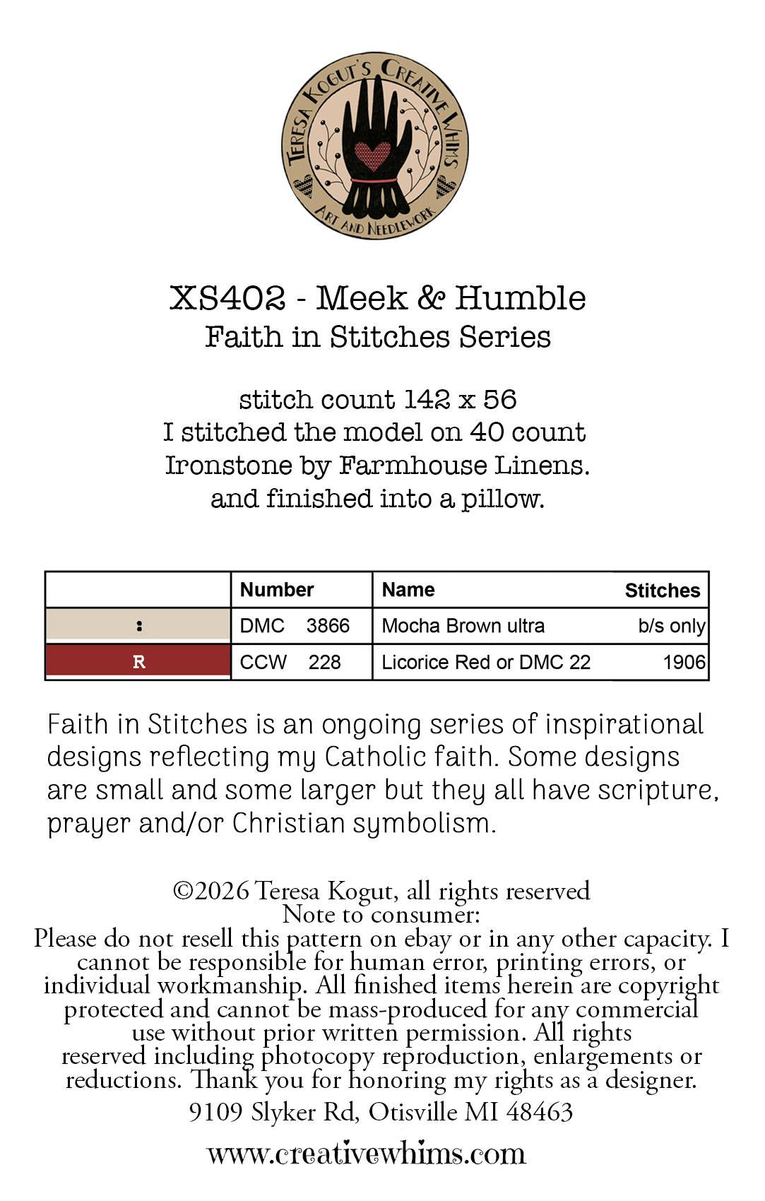 PREORDER Meek and Humble - Teresa Kogut  - Cross Stitch Pattern, Needlecraft Patterns, The Crafty Grimalkin - A Cross Stitch Store