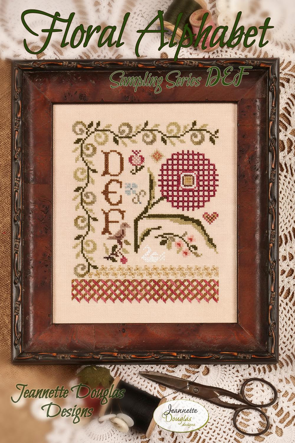 PREORDER DEF, Floral Alphabet Sampling Series - Jeannette Douglas - Cross Stitch Pattern, Needlecraft Patterns, The Crafty Grimalkin - A Cross Stitch Store