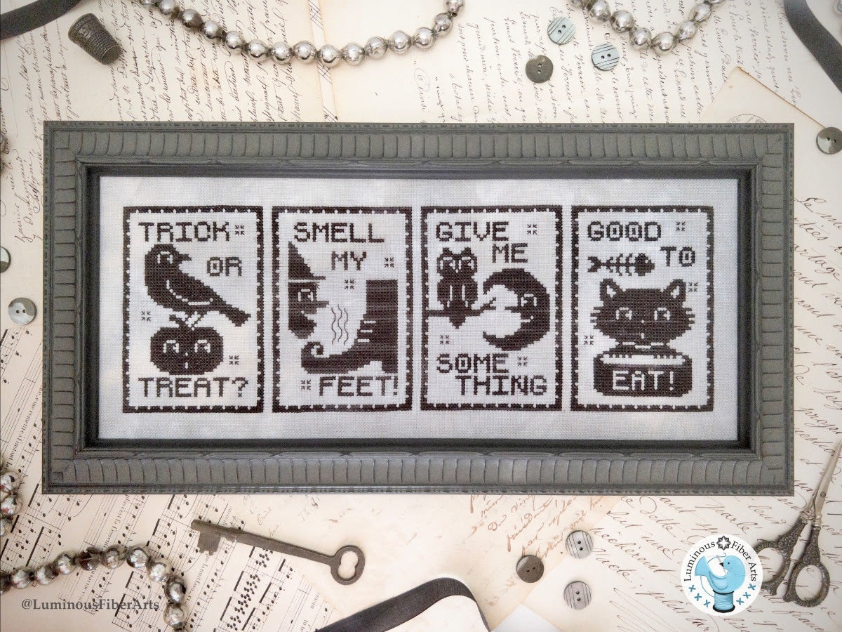 PREORDER Trick Or Treat - Luminous Fiber Arts - Cross Stitch Pattern, Needlecraft Patterns, The Crafty Grimalkin - A Cross Stitch Store