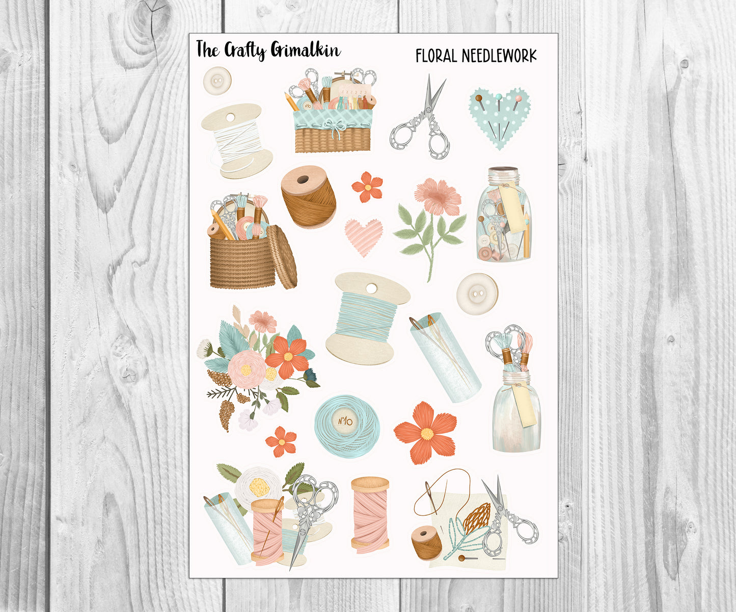 Floral Needlework/Cross Stitch Large Sticker Sheet for Journals, Scrapbooks or Planners, Decorative Stickers, Decorative Stickers, The Crafty Grimalkin - A Cross Stitch Store