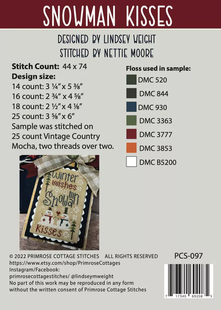 Snowman Kisses - Primrose Cottage Stitches - Cross Stitch Patterns, Needlecraft Patterns, Needlecraft Patterns, The Crafty Grimalkin - A Cross Stitch Store