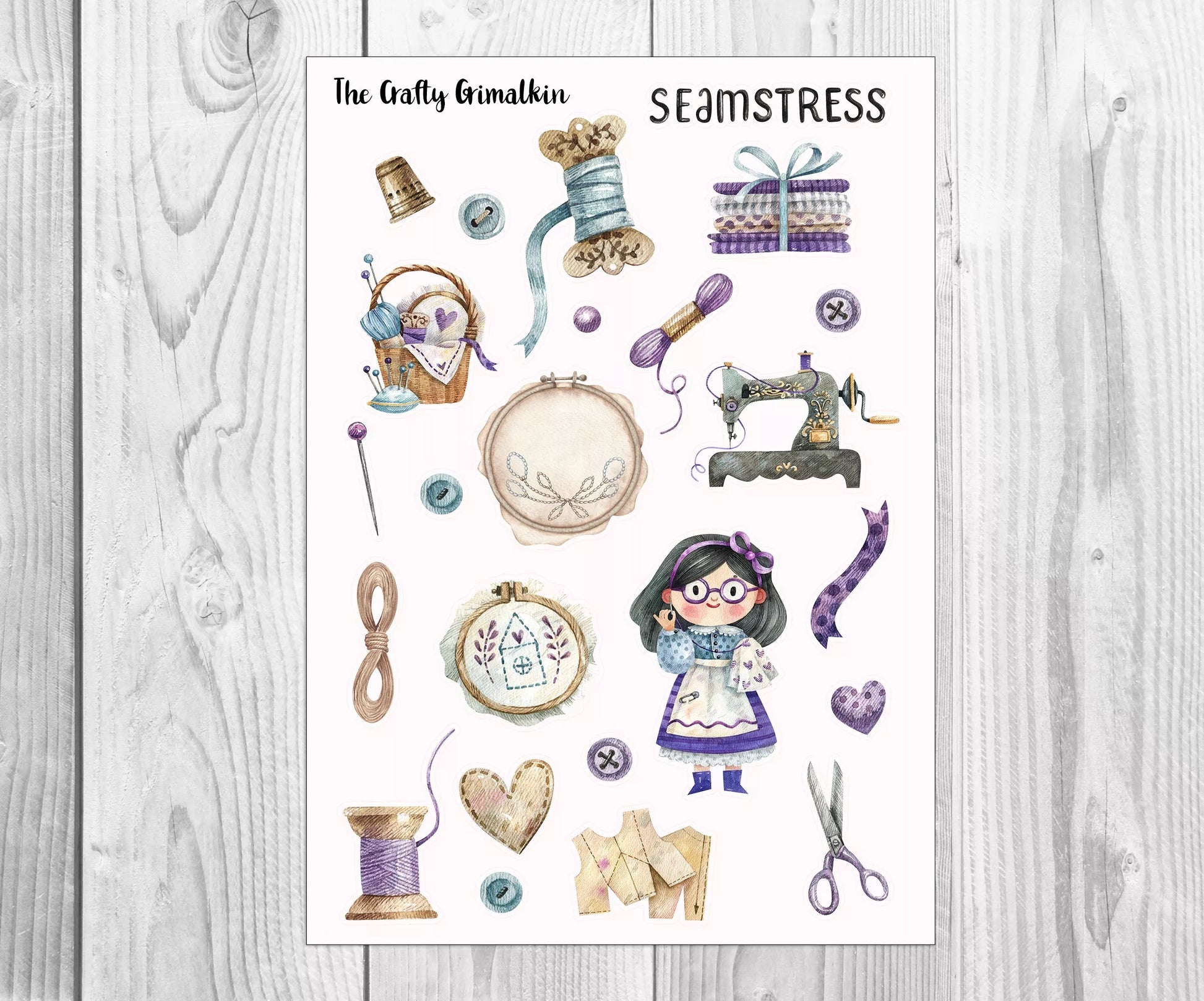 Seamstress Large Sticker Sheet for Journals, Scrapbooks or Planners, Decorative Stickers, Decorative Stickers, The Crafty Grimalkin - A Cross Stitch Store
