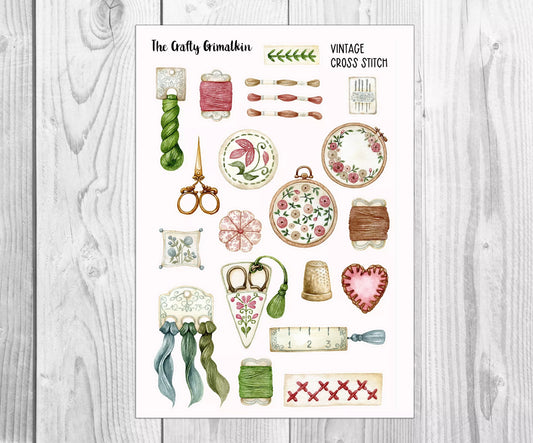 Vintage Cross Stitch Sticker Sheet for planners and/ or Scrapbooks - Small Size, Decorative Stickers, Decorative Stickers, The Crafty Grimalkin - A Cross Stitch Store