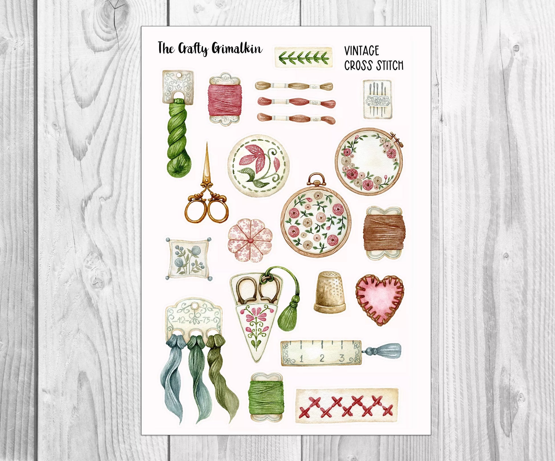 Vintage Cross Stitch Sticker Sheet for planners and/ or Scrapbooks - Large Size, Decorative Stickers, Decorative Stickers, The Crafty Grimalkin - A Cross Stitch Store